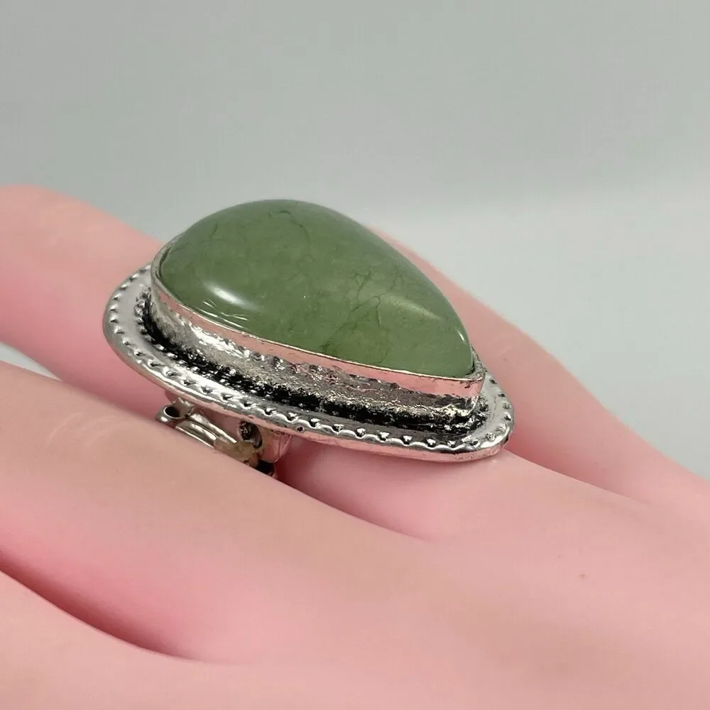 Aventurine Stone Tear Drop Cut Silver Tone Boho Stretch Ring Statement Sz 7 - 10